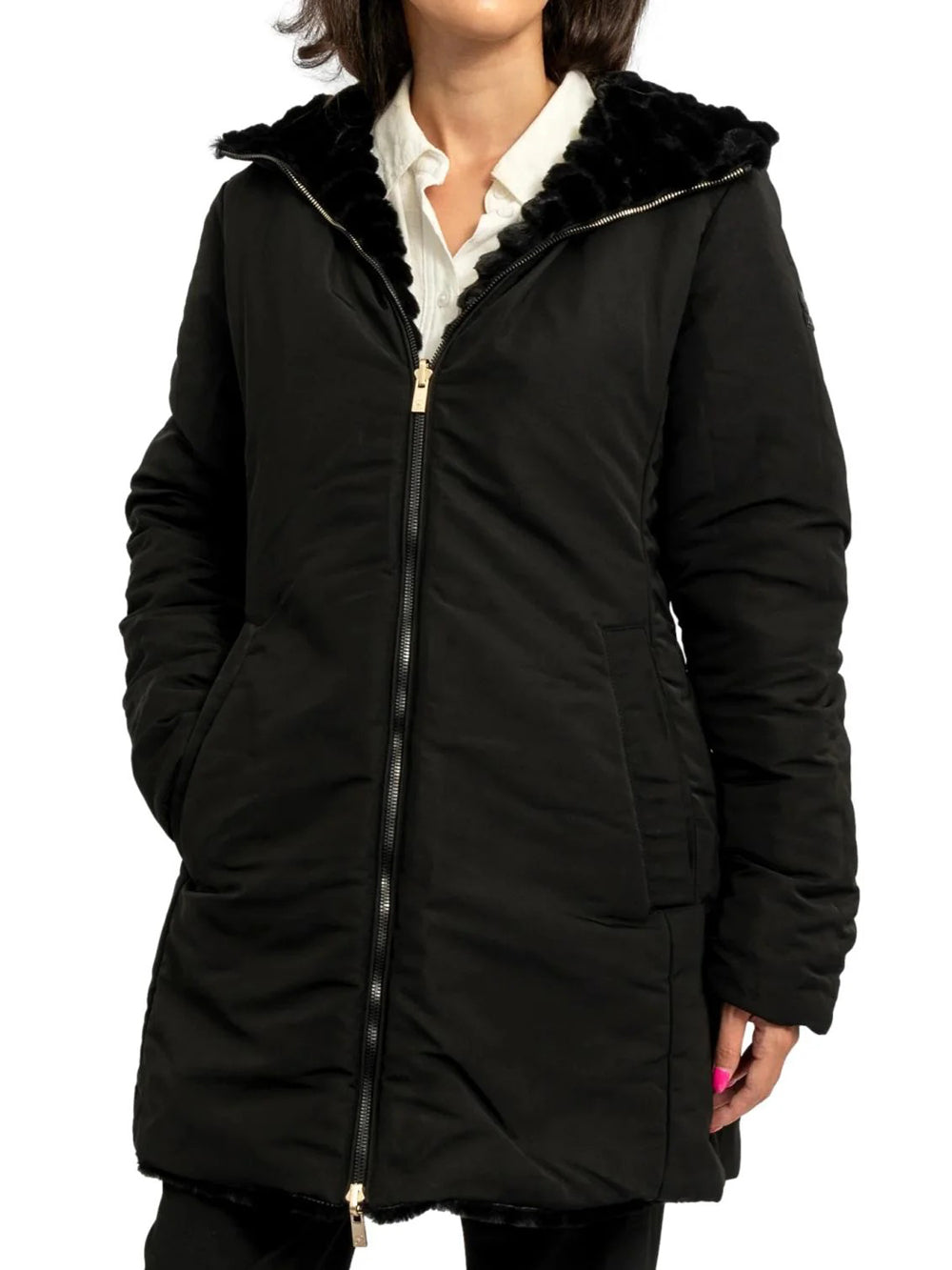 Piumino Donna Eco Reversible Fur Long Hoody Jkt W/L Nero